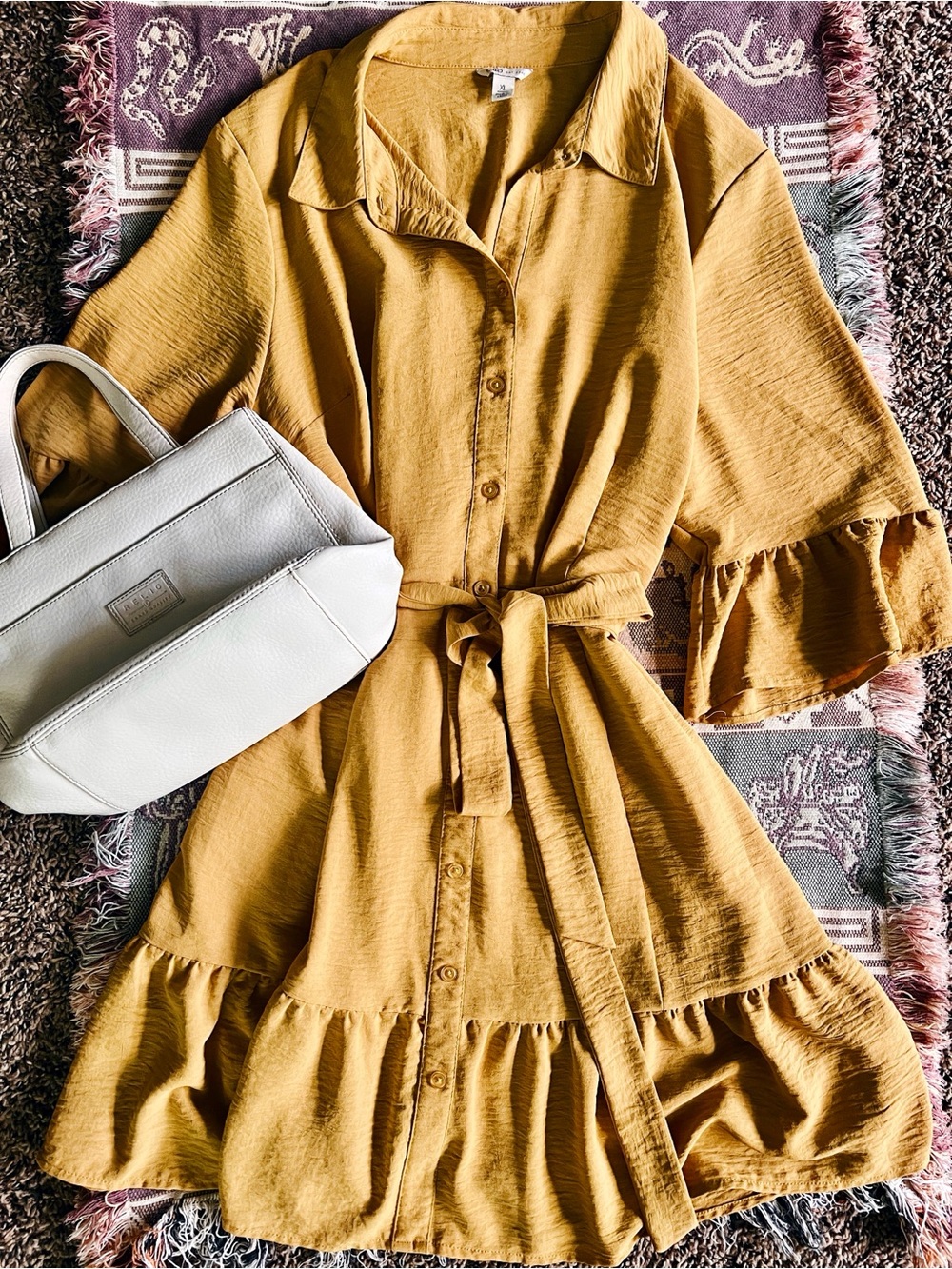 Women's Mustard Button-Front Tie-Waist Dress